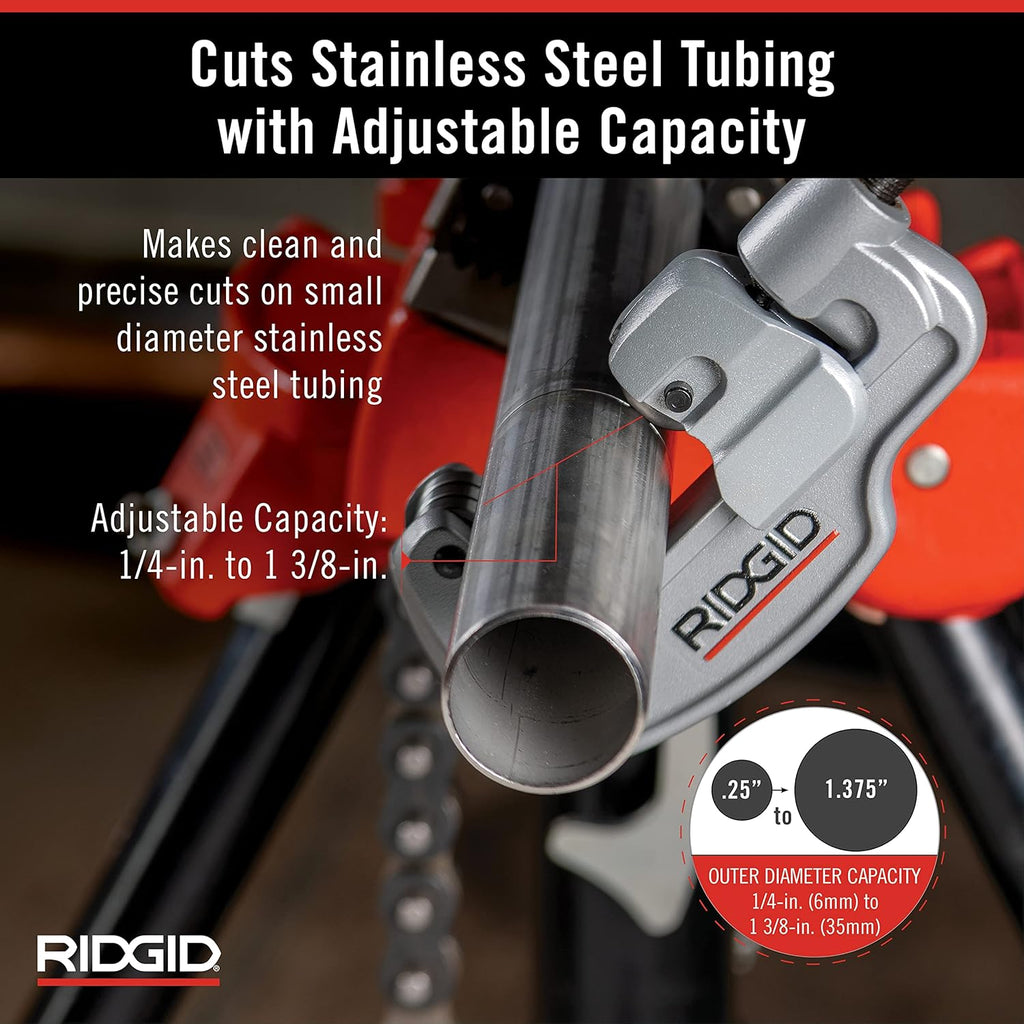 RIDGID 32573 Model 118 2-in-1 Close Quarters AUTOFEED 1/4' to 1-1/8' Metal Tubing Compact Cutter & 29963 Model 35S 1/4' to 1-3/8' Stainless Steel Tubing Cutter with X-CEL Knob, Silver, Small