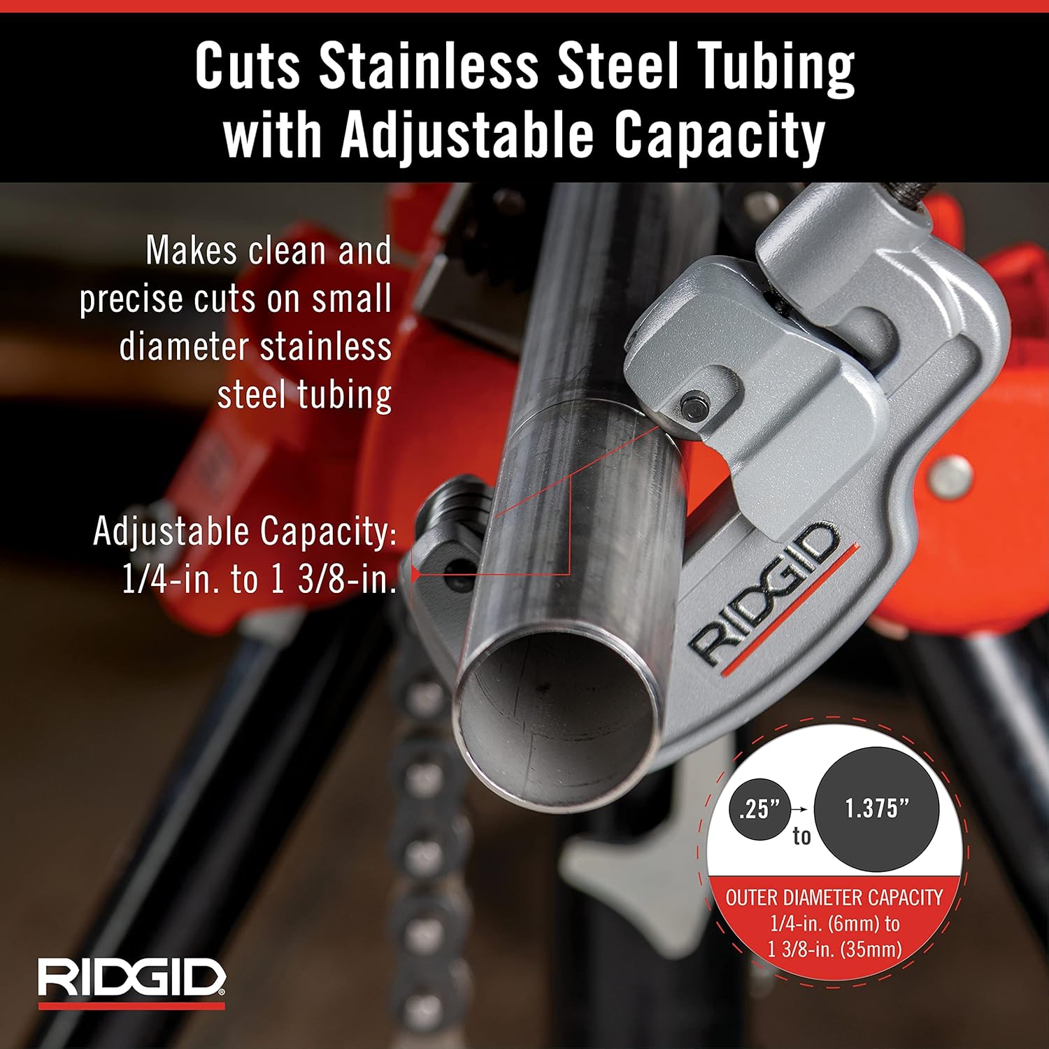 RIDGID 32573 Model 118 2-in-1 Close Quarters AUTOFEED 1/4' to 1-1/8' Metal Tubing Compact Cutter & 29963 Model 35S 1/4' to 1-3/8' Stainless Steel Tubing Cutter with X-CEL Knob, Silver, Small