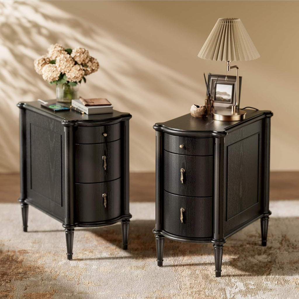 STO'SENSE Nightstand w/Charging Station & 3 Drawers, Pre-Assembled, Vintage Side Table w/Antique-Finished Pulls, Rustic Wood Finish, Narrow End Table w/Turned Legs for Bedroom (2, Black)