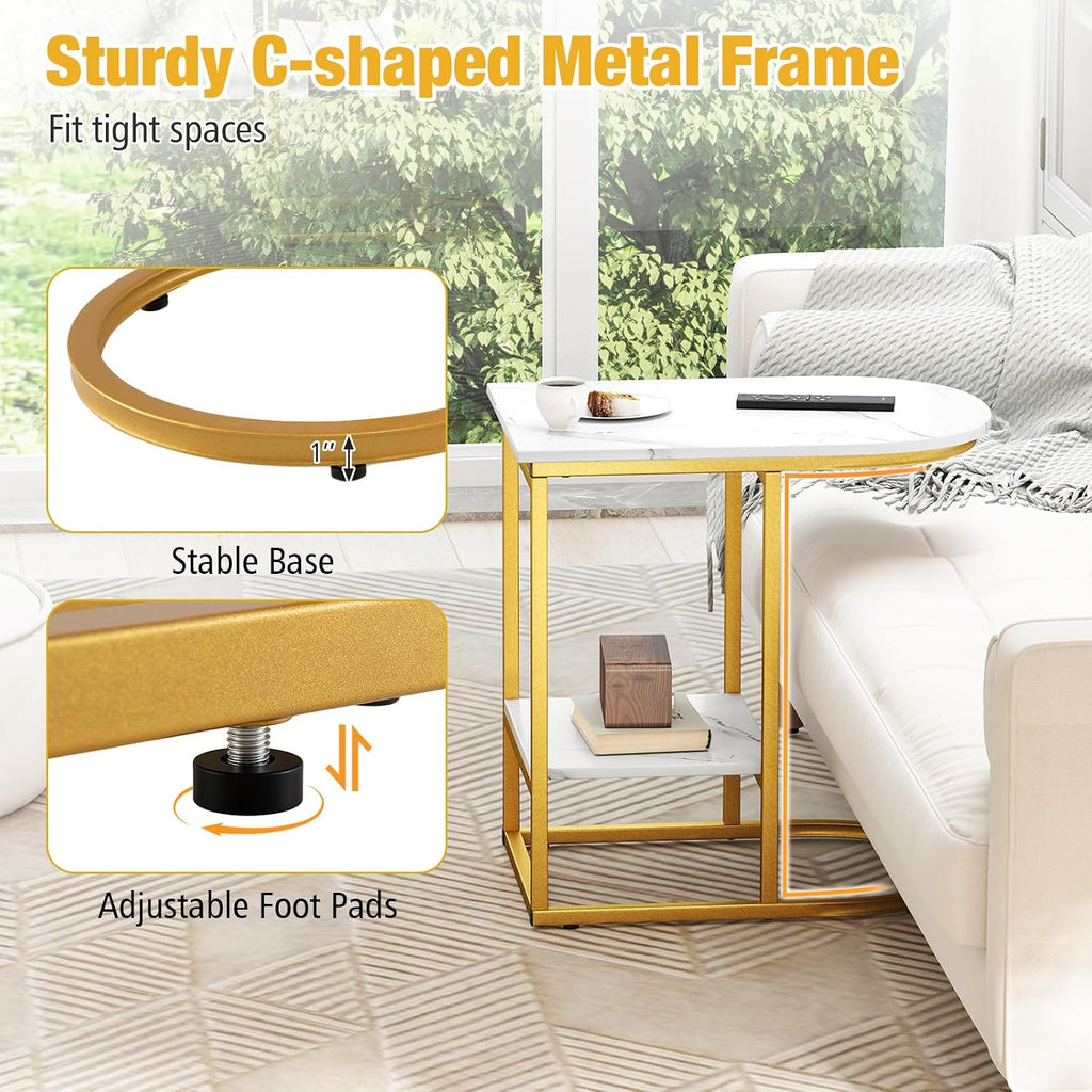Giantex C Shaped End Table Set of 2, Modern Sofa Side Table with Faux Marble Tabletop & Storage Shelf, Slide Under Sofa Bed, 2-Tier Couch Table for Small Spaces Living Room Bedroom, White