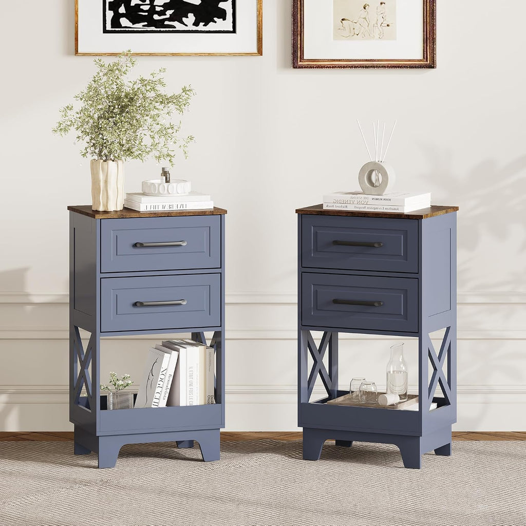 Tall Nightstand Set of 2 Side Table Modern Night Stand with 2 Drawers Wooden Rustic End Table Bedside Table with Upper Open Shelf Solid Feet for Bedroom Navy Blue+Walnut