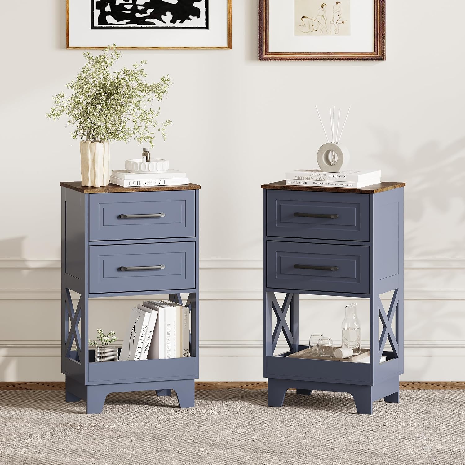 Tall Nightstand Set of 2 Side Table Modern Night Stand with 2 Drawers Wooden Rustic End Table Bedside Table with Upper Open Shelf Solid Feet for Bedroom Navy Blue+Walnut