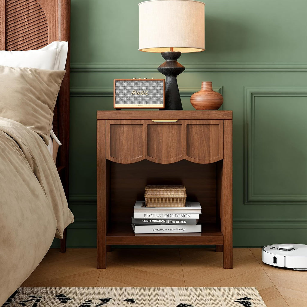 24' Nightstand Set of 2, Solid Wood End Table with Wave Panel Drawer, Mid Century Modern Chest of Drawers, Wooden Side Table Bedside Table for Bedroom, Living Room, Small Space, Walnut