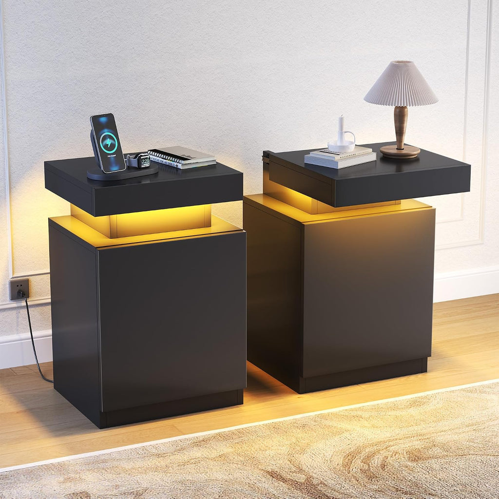 MXV Nightstand with LED Lights & Charging Station, Black Bedside Tables with USB Ports, Storage Cabinet & Drawers for Bedroom, Modern End Tables for Living Room