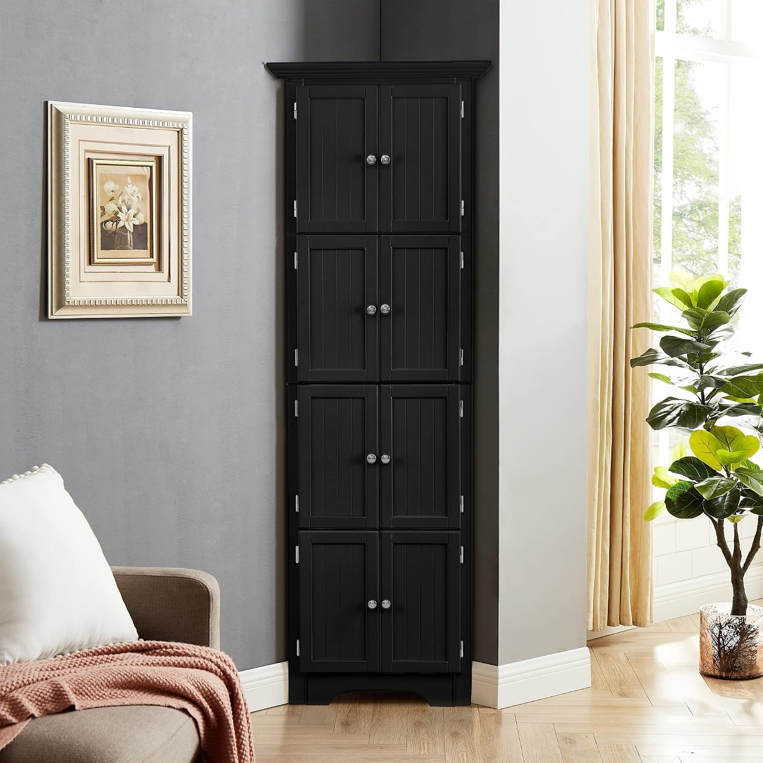 72' Tall Corner Storage Cabinet with Doors and 4 Shelves, Free Standing Corner Hutch Cabinet Kitchen Pantry Storage Cabinet Bookshelf Cabinet for Kitchen Living Room Bedroom (Black)