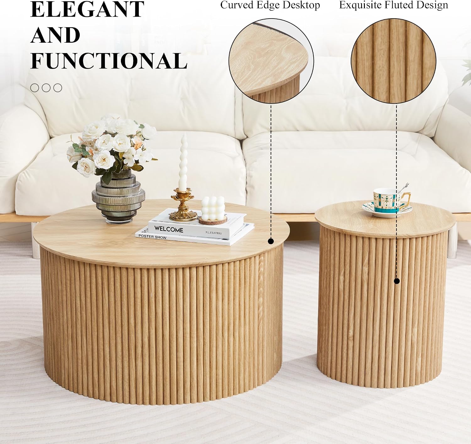 Fluted Round Nesting Coffee Table Set of 2, Mid Century Modern Wood Coffee Tables and End Table Set, Circle Side Table Minimalist Center Tables for Living Room, Office(Natural)