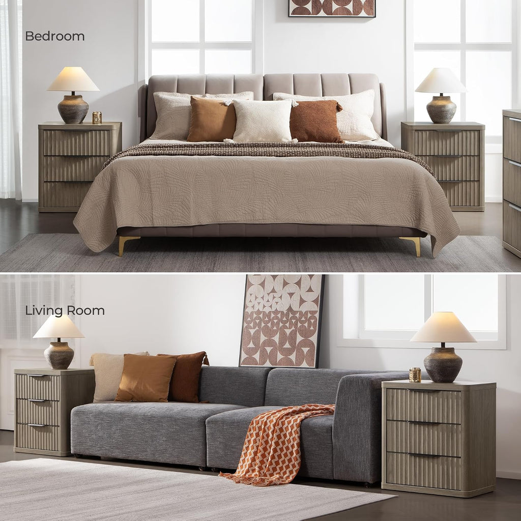 SICOTAS Night Stand Set of 2 Nightstands with 3 Drawers Storage Bedside Table Large Fluted Bed Side End Table Modern 25.6' Tall Wide Night Stands for Bedroom Living Room Sofa Couch Office, Grey Alder