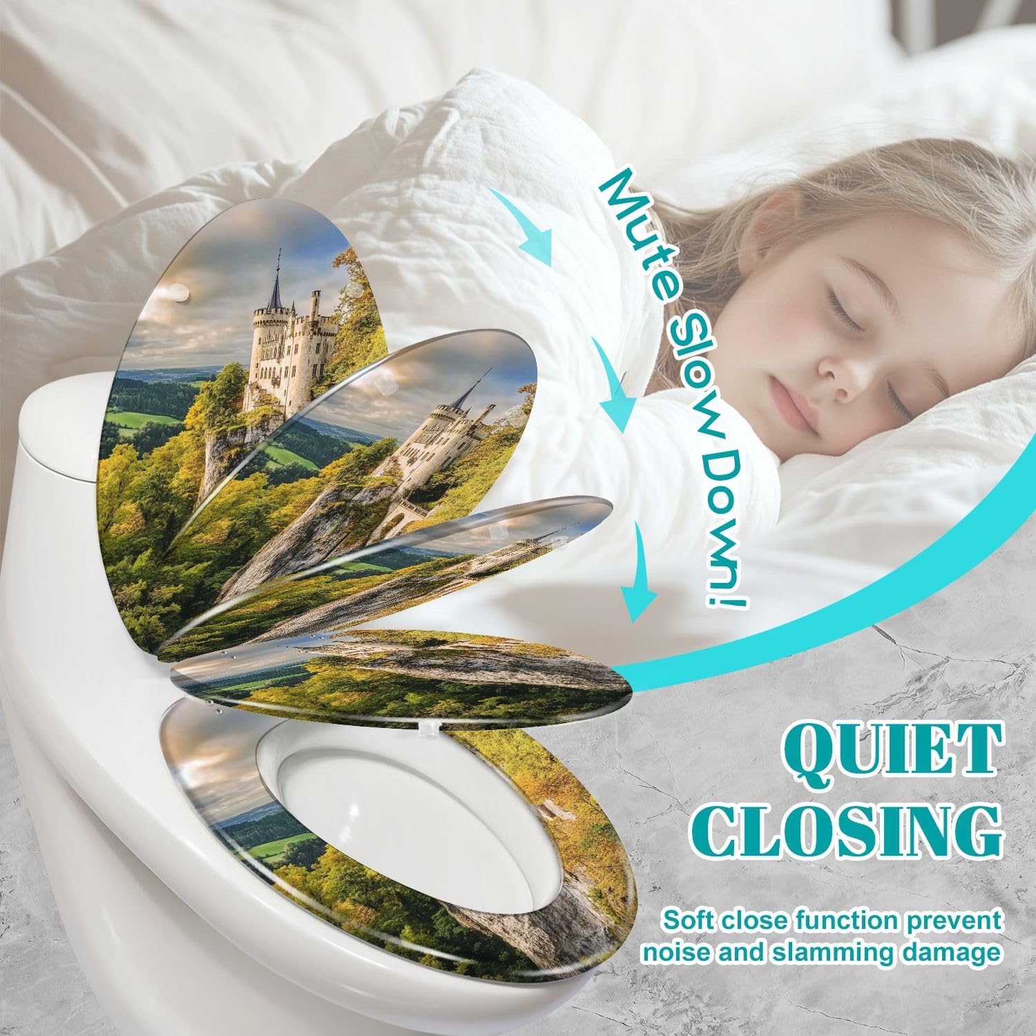 Elongated Toilet Seat Lichtenstein Castle Resin Toilet Seat Slow Quiet Close Lid with Quick-Release Hinges Cover Bumpers Easy to Clean Install