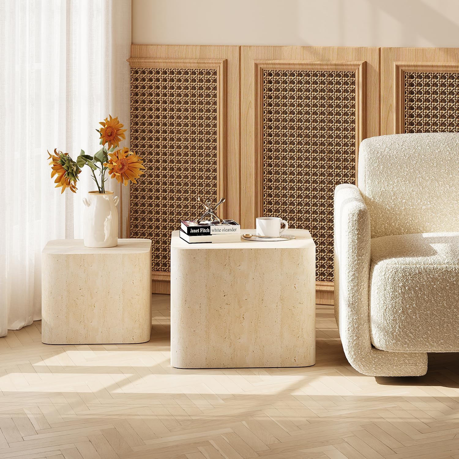 Nesting Coffee Table Set of 2, Modern Coffee Table and End Table Sets, Small Wooden Nesting Side Tables for Living Room Bedroom Apartment(Travertine)