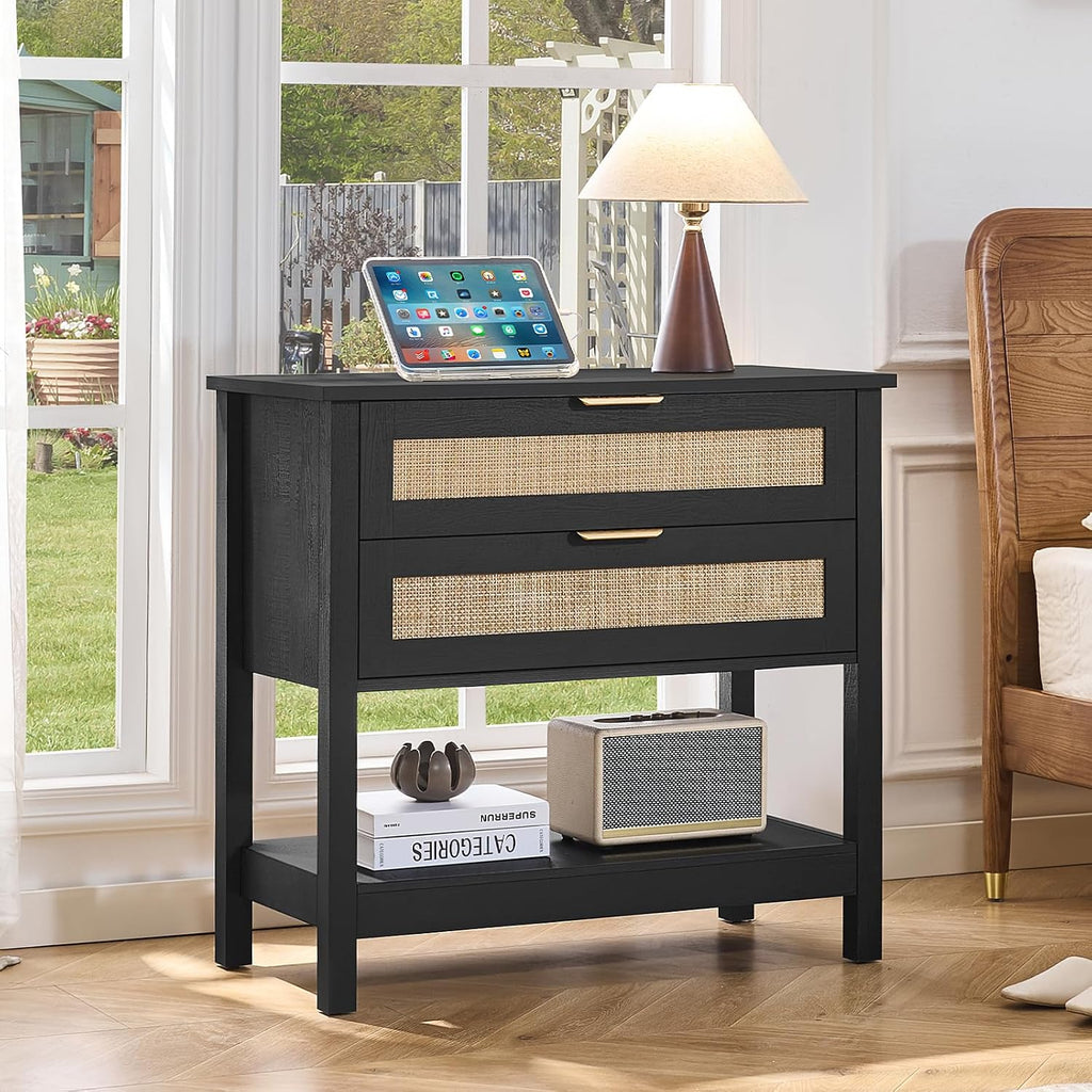 LEYAOYAO 31.5' Wide Rattan Night Stand Set 2 with Charger Station, Oversized Large Boho Nightstand with 2 Drawer, Black Bed Side End Tables, 30' Tall Bedside Table for Bedroom Living Room, Hallway