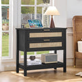LEYAOYAO 31.5' Wide Rattan Night Stand Set 2 with Charger Station, Oversized Large Boho Nightstand with 2 Drawer, Black Bed Side End Tables, 30' Tall Bedside Table for Bedroom Living Room, Hallway