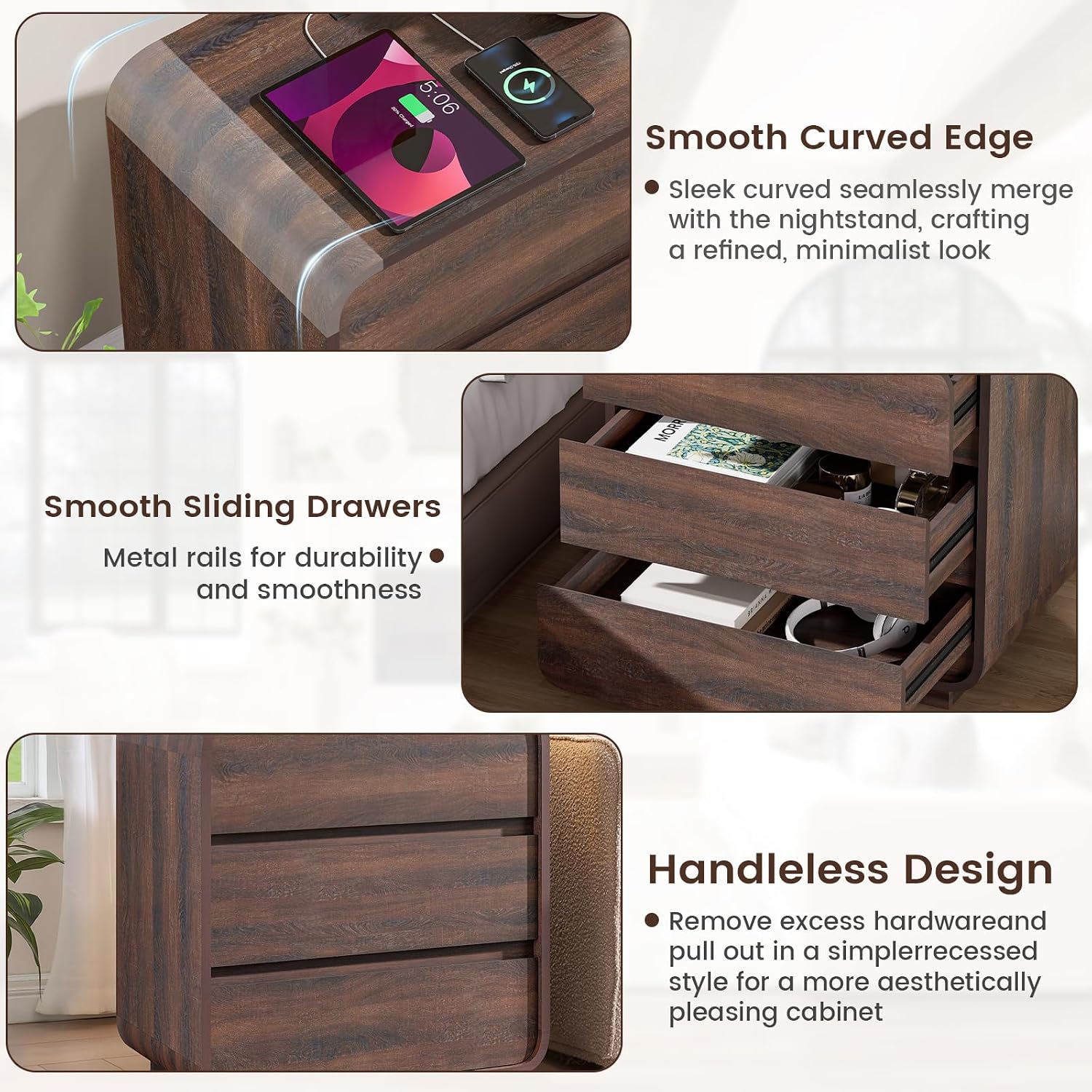 Standifurno Walnut 3 Drawers Nightstand, 25' Tall Wooden Bedside Table with Charging Station, Large Side Table Curved Profile, Handleless, Large End Table Night Stand for Bedroom, Office