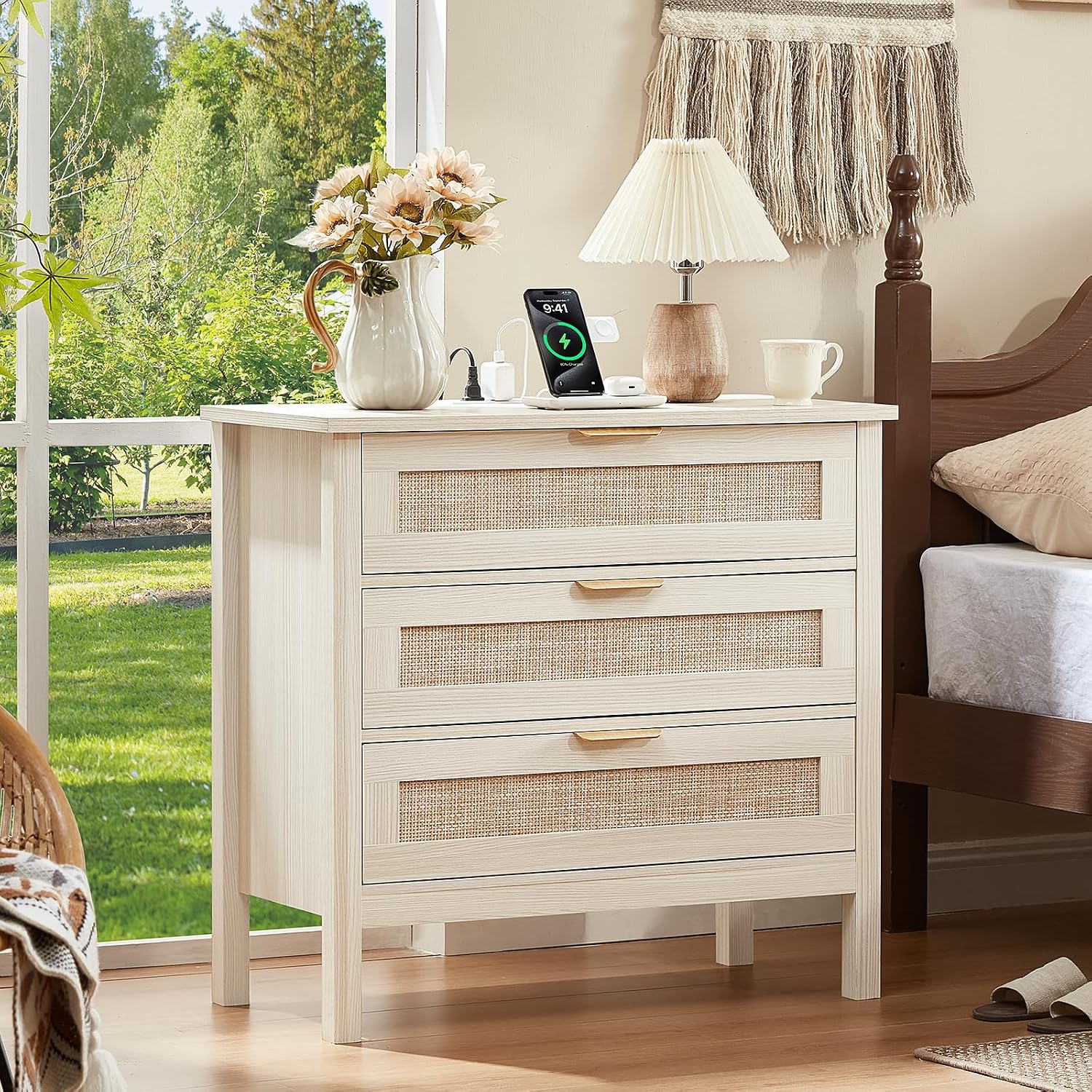 LEYAOYAO 31.5' Wide Rattan Nightstands Set of 2 with Charger Station, Large Boho 3 Drawer Night Stand, Grey White Bedside Table with Storage, Bed Side End Tables for Bedroom, Living Room, Hallway