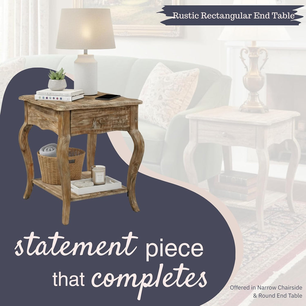 Austerity 20-Inch Rectangular Rustic Solid Wood End Table with Drawer and Shelf – Cedar Wood, Driftwood Finish, Queen Anne Legs, Scalloped Edges – Living Room Accent Table by Alaterre Furniture