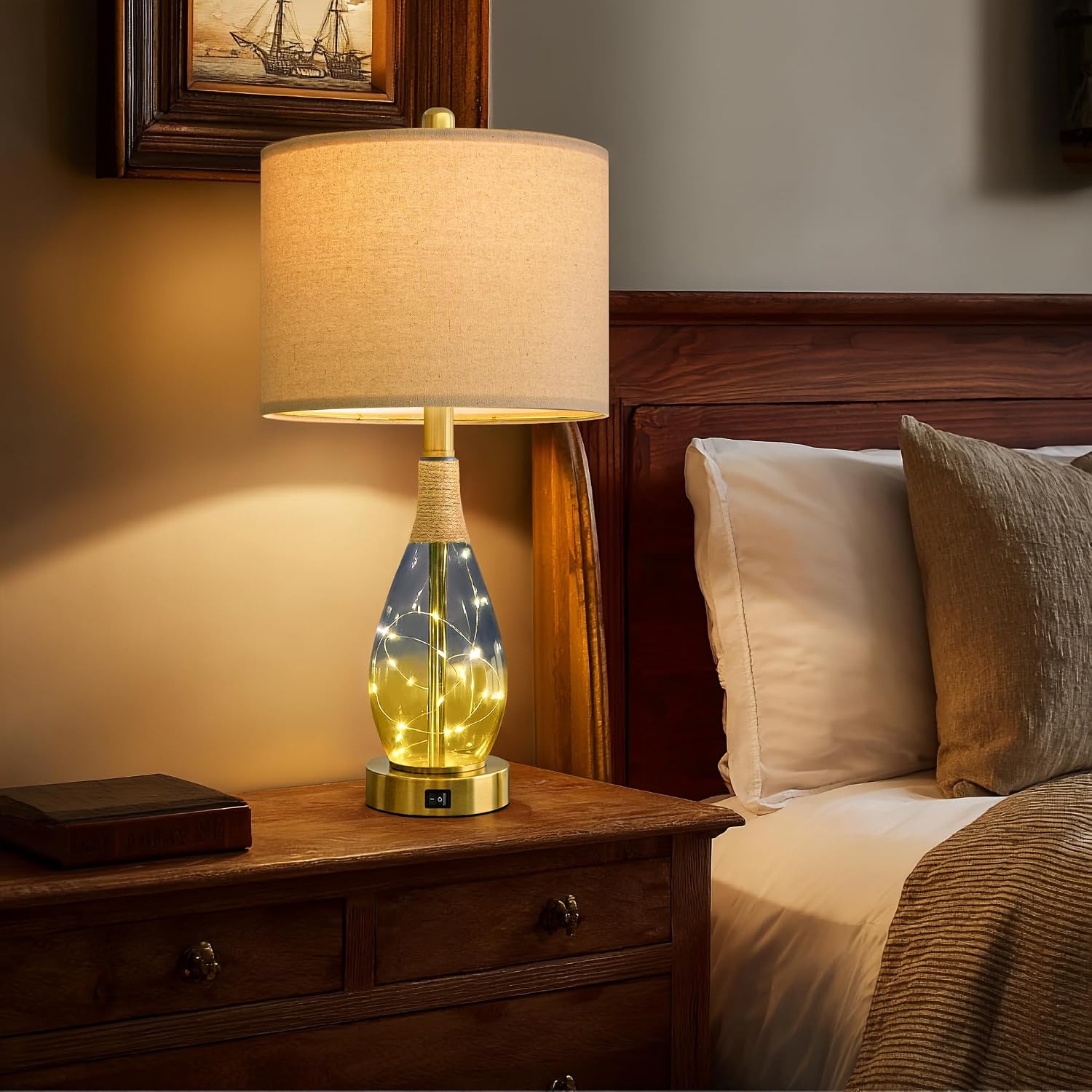 OYEARS 23' Table Lamps for Living Room Set of 2,Bedside Lamps for Night Stands, Rattan Lamps for Bedroom,Farmhouse Lamps with Glass Nightlight,Two Light Points
