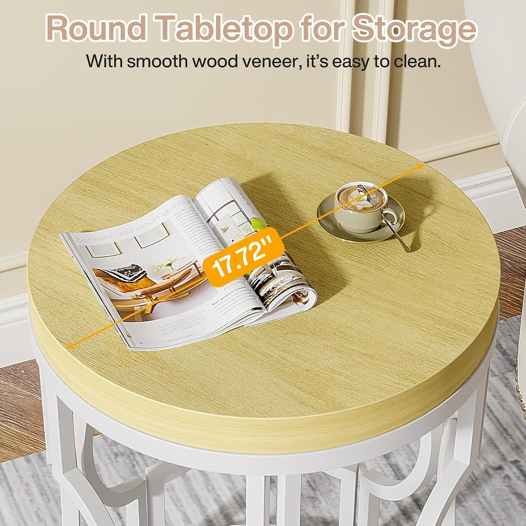 Tribesigns Round End Table Set of 2, Farmhouse Side Table with White Metal Hollow Frame, Small Bedside Table Nightstand for Living Room, Bedroom, Easy Assembly (Natural Beige,2 PCS)