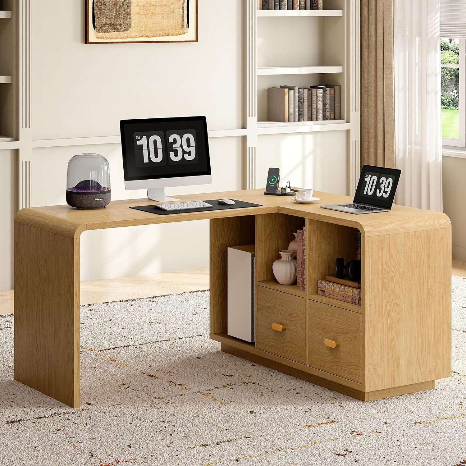 ONBRILL 58' Executive L Shaped Desk with Power Outlets and USB, Home Office Computer Desk with File Drawer and Storage Shelves, Natural Oak