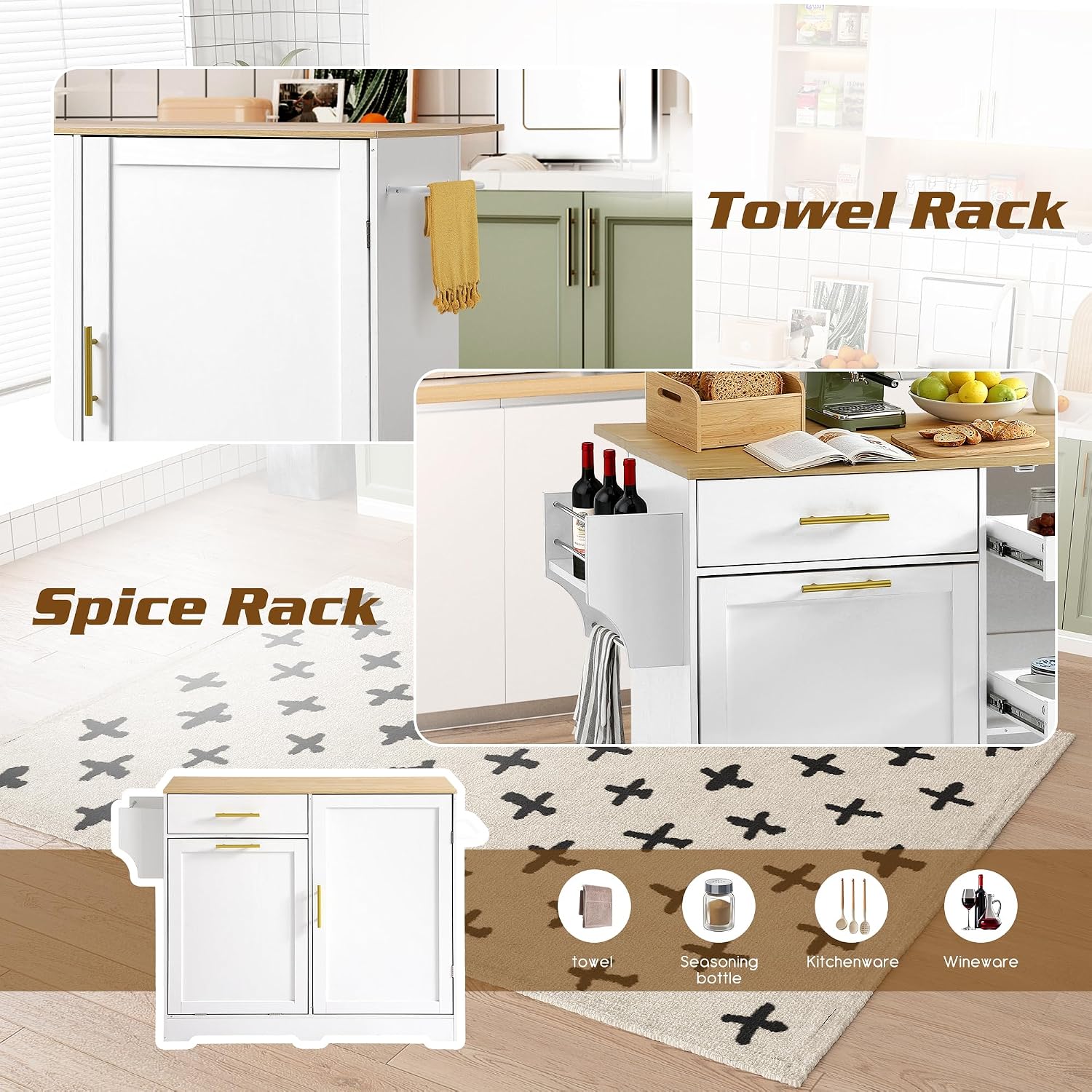 48' Kitchen Island with Trash Can Storage & Drop Leaf, Rolling Kitchen Island Table Cart with Spice/Towel Rack, Portable Kitchen Cabinet Bar Carts on Wheels with Drawer for Dining Room (White)