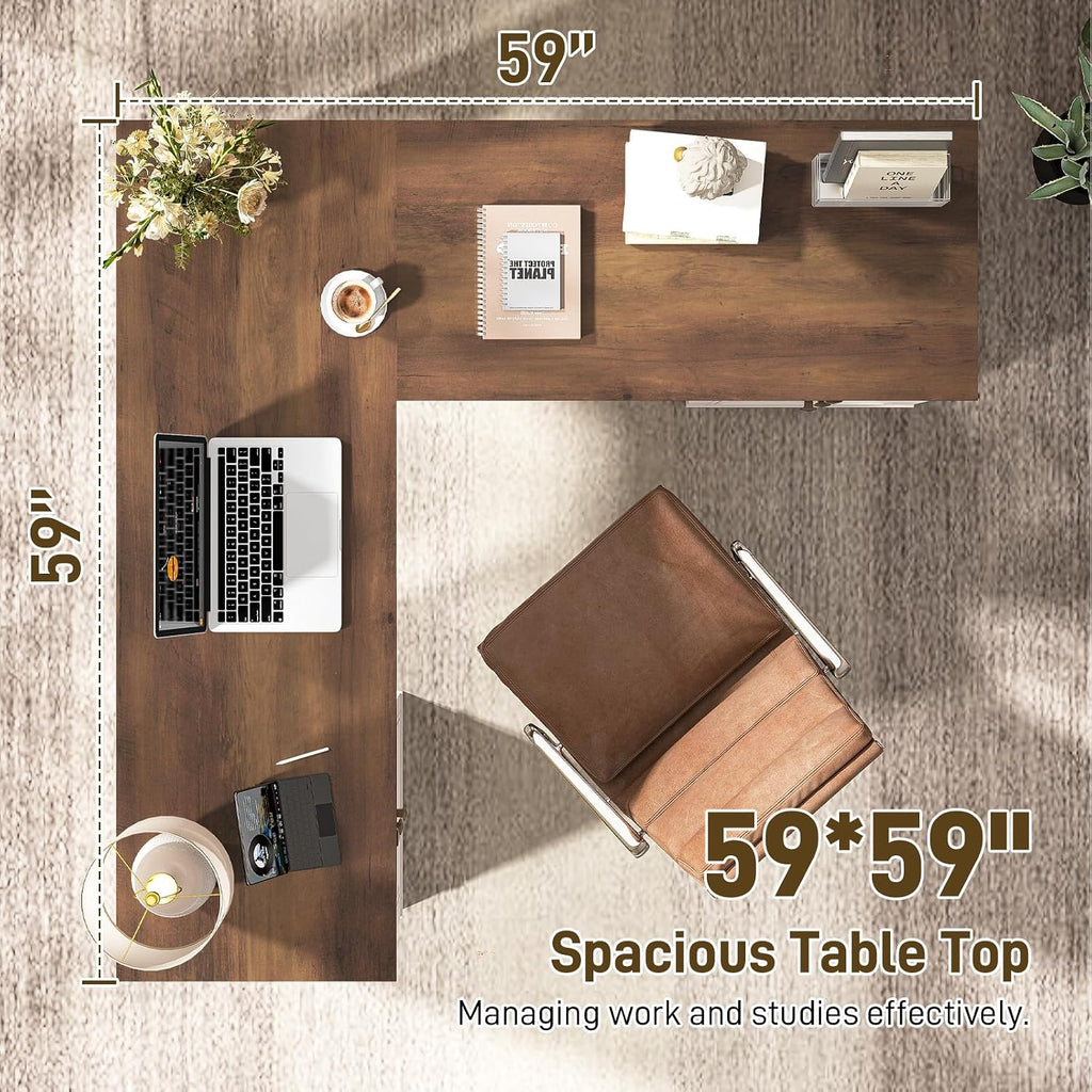 Vabches Farmhouse L Shaped Executive Desk with 6 Drawers, 59'' Wood Home Office Desk with File Cabinet, Writing Corner Computer Desk for Home Office, Work, Study, White and Brown