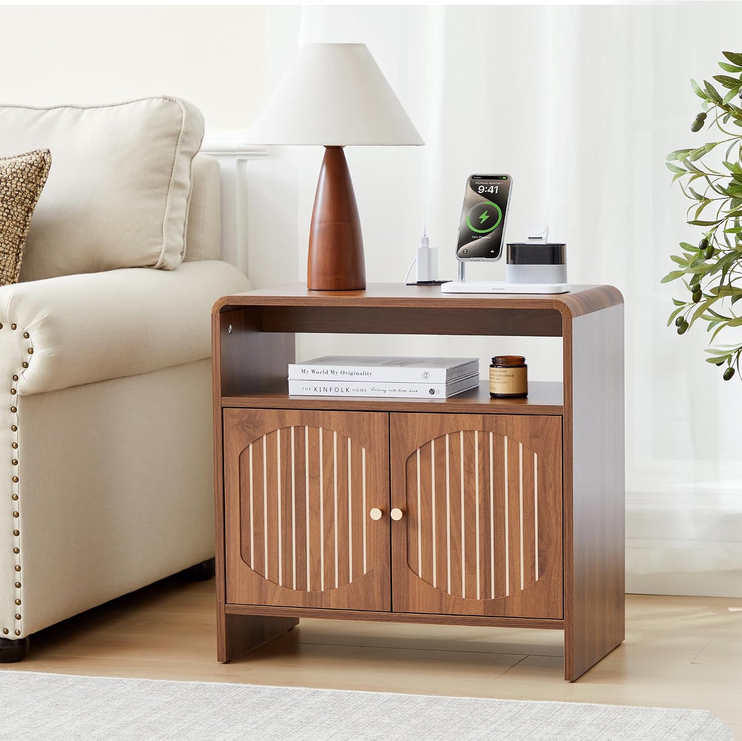 Set of 2 Farmhouse Side Table with Charging Station, Mid Century Modern End Table with Storage & Arched Doors, Wooden Nightstand with USB/Type-C, Curved Side Table for Living Room Bedroom(Walnut)
