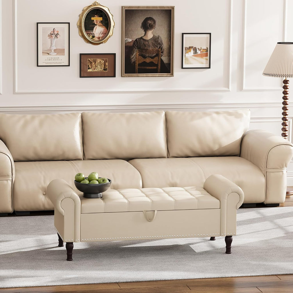 Apicizon 51' Bench with Storage, Faux Leather Ottoman Bench with Rolled Arm & Vintage Rivets, End of Bed Bench for Bedroom, Living Room, Entryway, Beige+Brown Legs