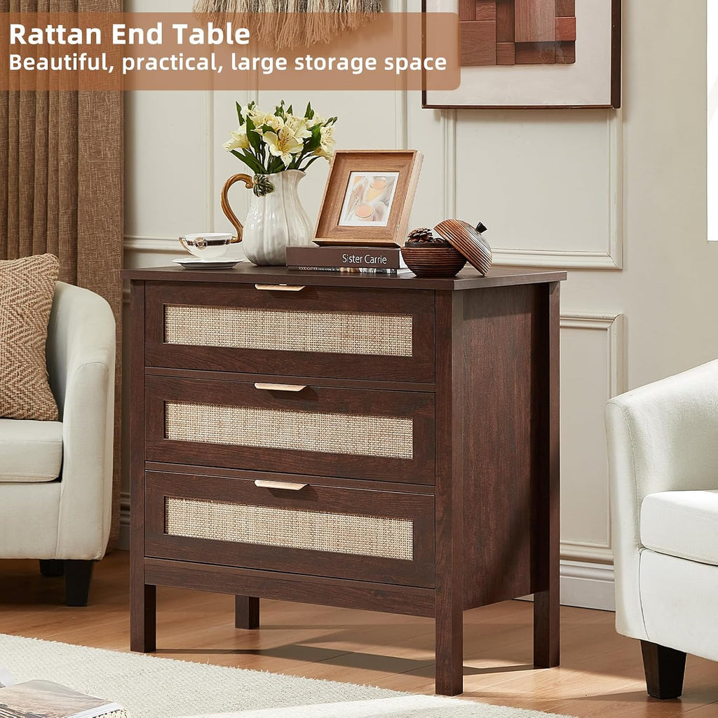 LEYAOYAO 31.5' Wide Rattan Night Stand, Large Boho Nightstand, Bedside Table with Storage, Tall Bed Side End Tables, Chest of Drawers for Bedroom, Living Room, Hallway（Walnut,3 Drawers,2）