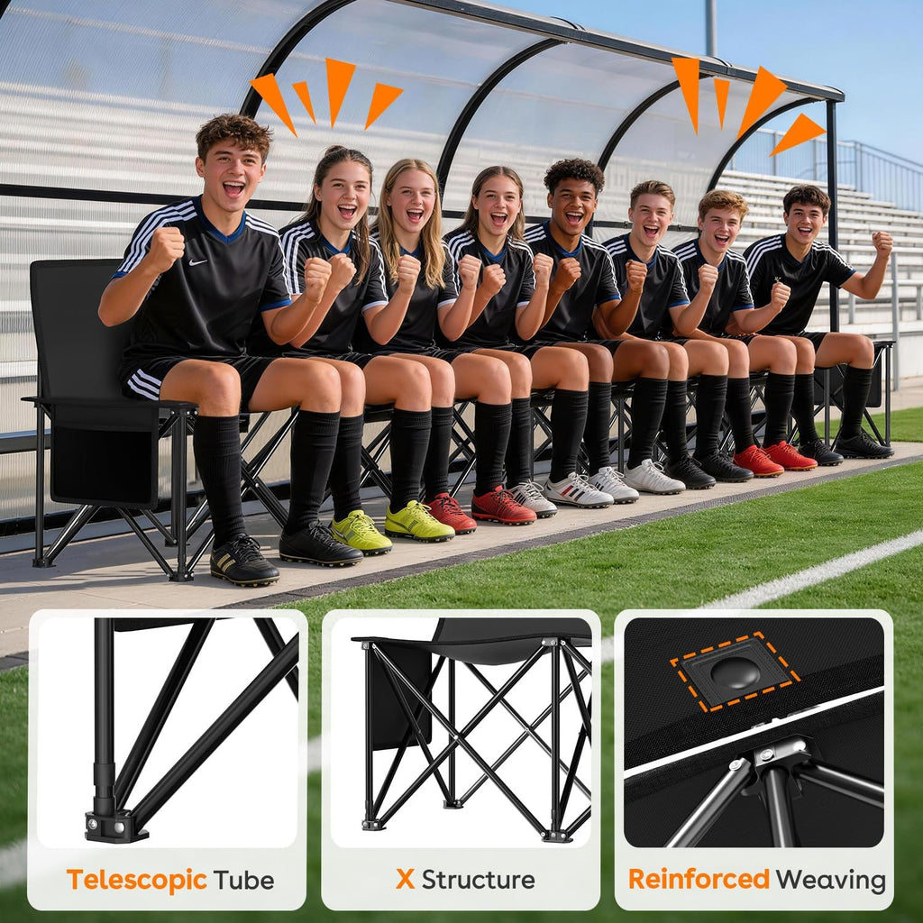 Suteck 8 Seats Soccer Bench, Portable Team Bench with 17.3'x 17.3' Individual Seats, 600D Oxford Fabric & Side Pockets, Heavy Duty Outdoor Folding Bench for Sports, Camping, Patio & Park Events