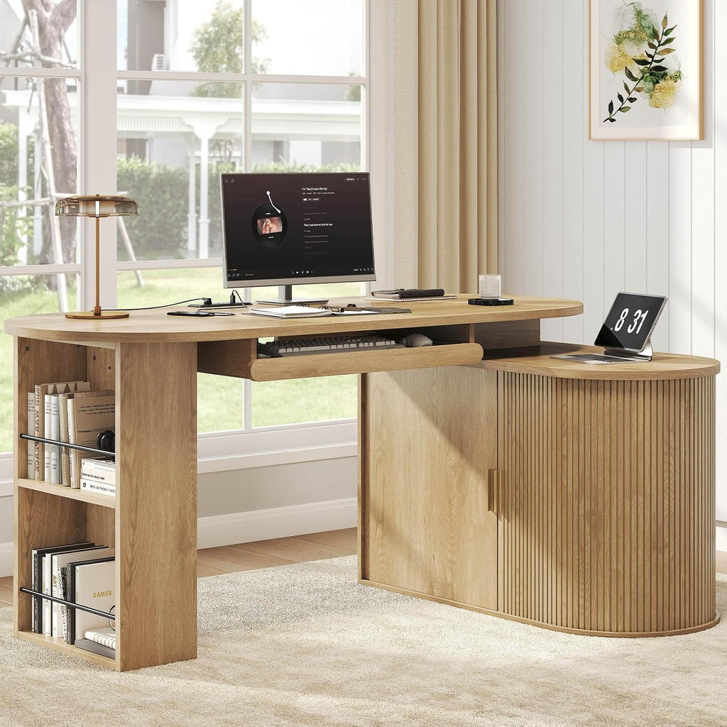 HSH L Shaped Computer Desk with Storage, Reversible Office L Desks with Cabinet and Keyboard Tray, Home Office Corner Executive Desk with Power Outlet, Oak 60 Inch