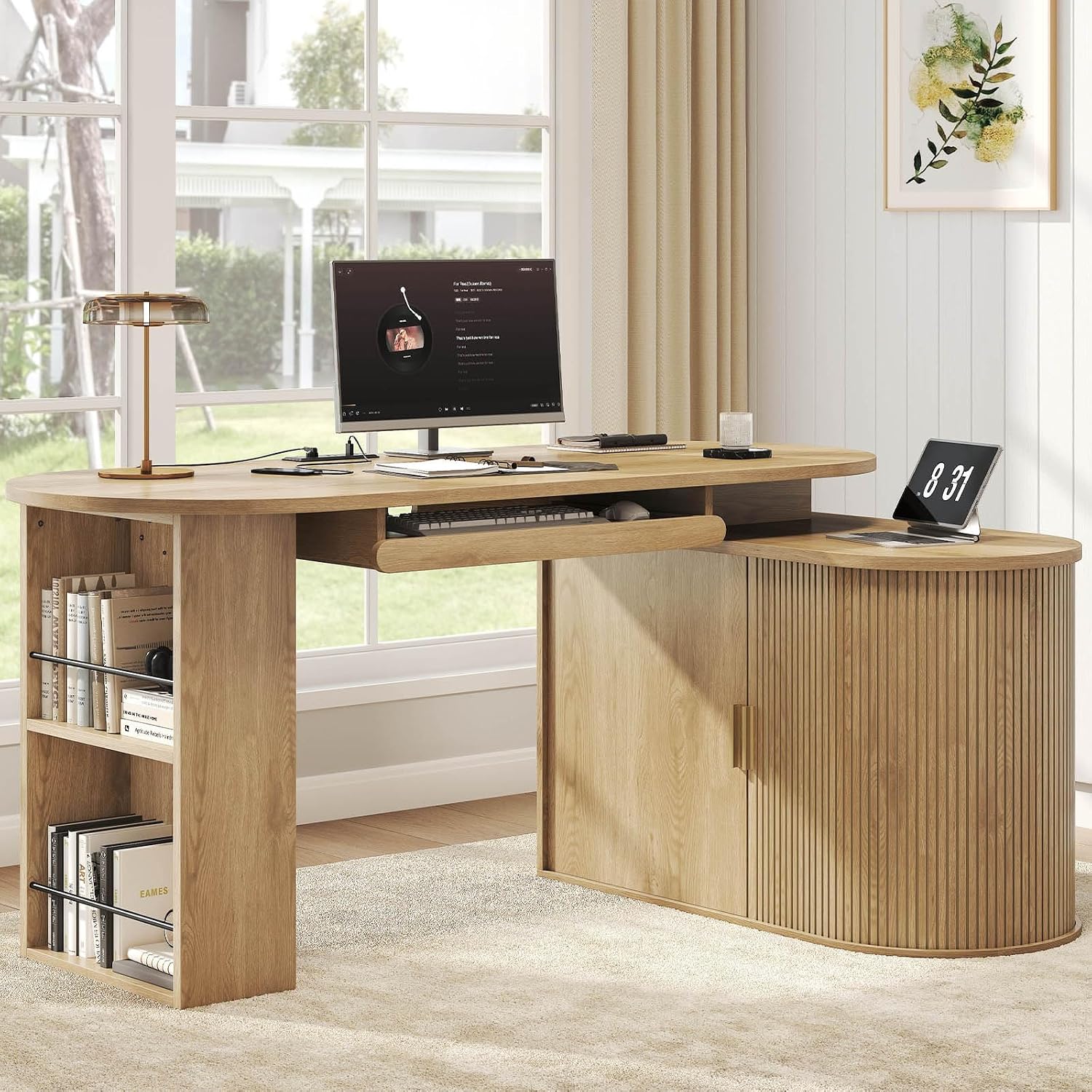 HSH L Shaped Computer Desk with Storage, Reversible Office L Desks with Cabinet and Keyboard Tray, Home Office Corner Executive Desk with Power Outlet, Oak 60 Inch