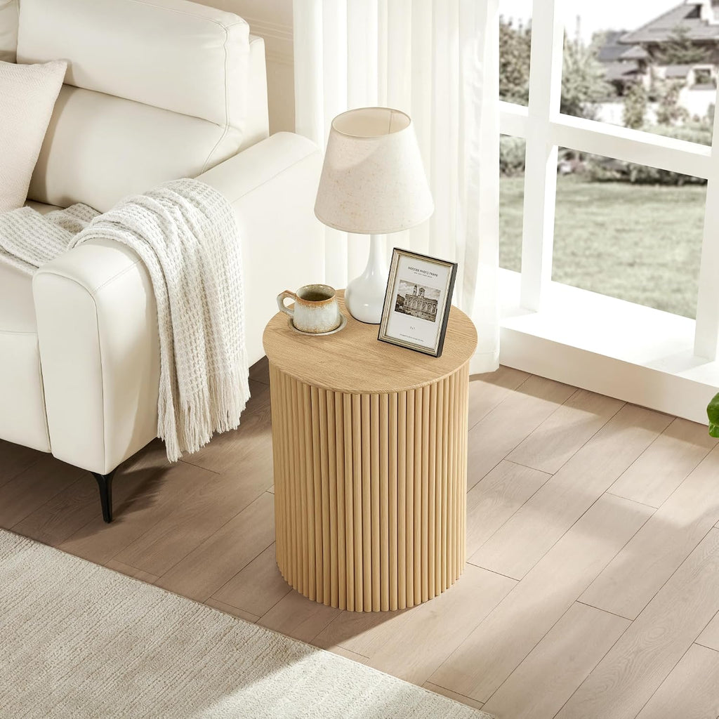 Round Fluted Side Table Set of 2, 17.7' Mid-Century Modern End Tables, Wooden Bedside Table Round Nightstand Small Circle Sofa Accent Table for Living Room, Bedroom Home(Natural)