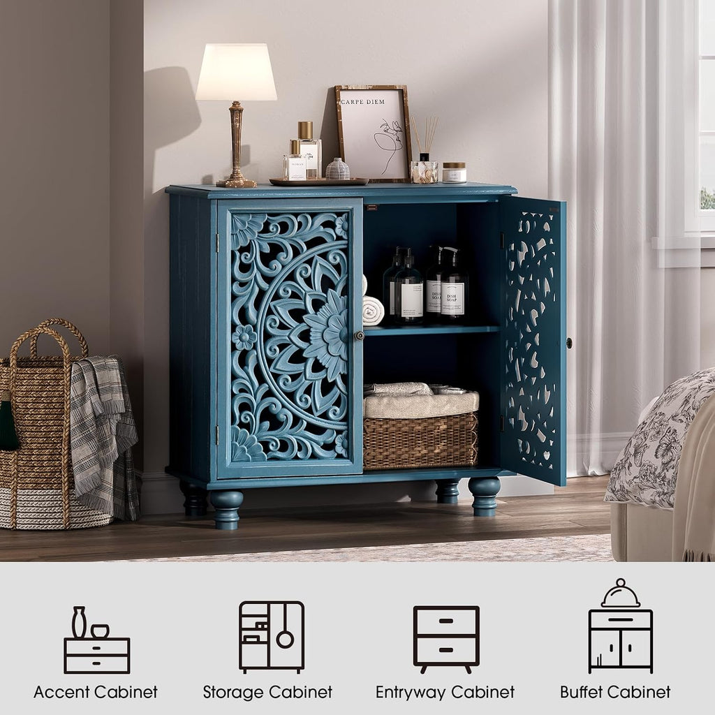JOINICE Blue Accent Cabinet with Carved Doors, 31' Storage Cabinet for Entryway & Living Room, Vintage Sideboard Buffet Table with Adjustable Shelf, Solid Wood Legs, Boho Home Decor