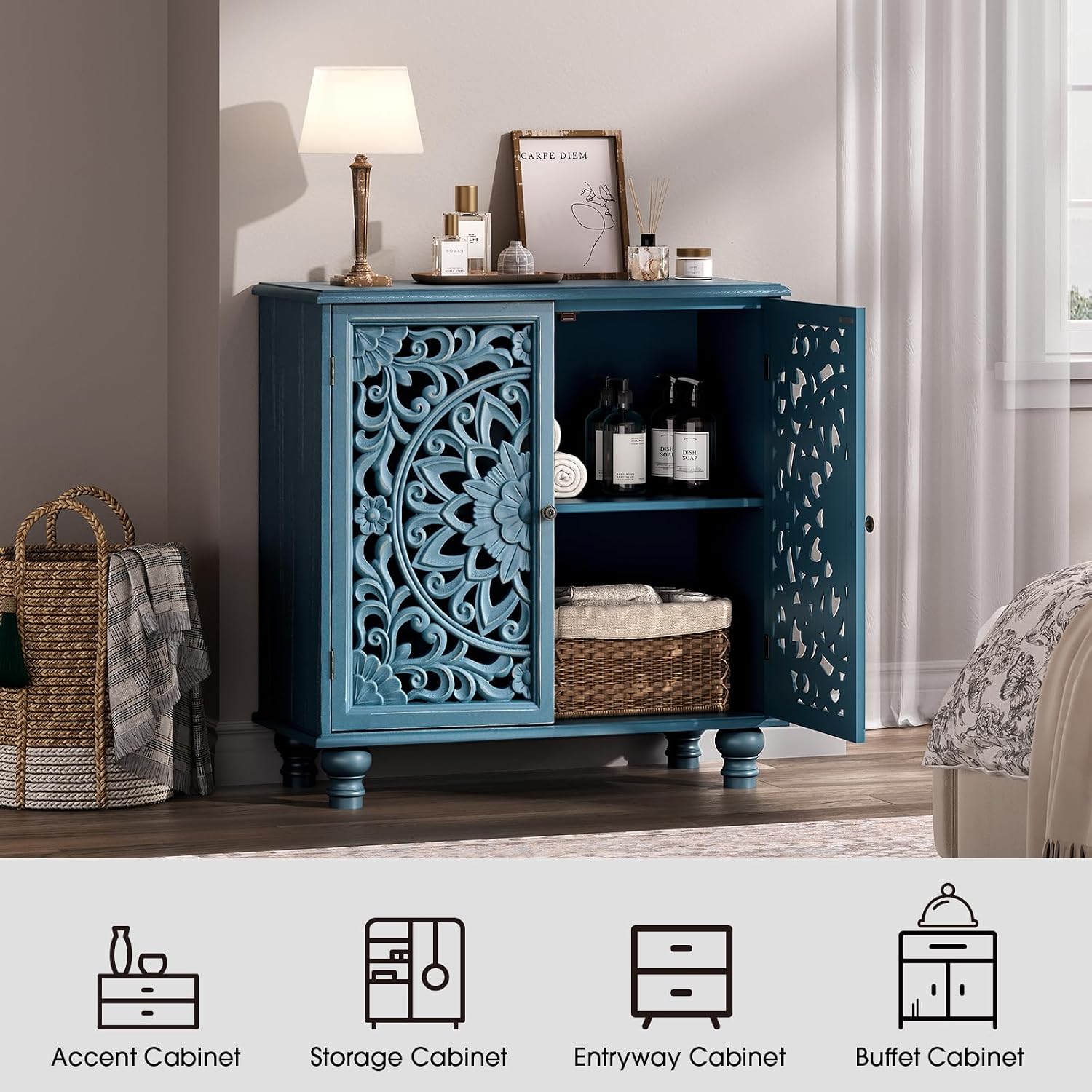 JOINICE Blue Accent Cabinet with Carved Doors, 31' Storage Cabinet for Entryway & Living Room, Vintage Sideboard Buffet Table with Adjustable Shelf, Solid Wood Legs, Boho Home Decor