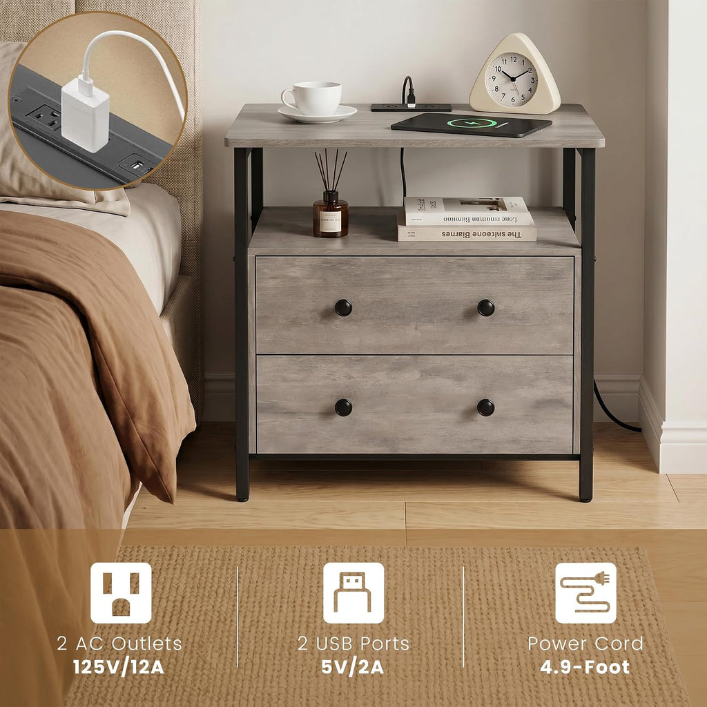 Edbuosy 27 inch Wide Night Stand Set 2 with Charging Station, Bedside Table with Open Shelf, 2 Drawers Small Wood Dresser, Modern Wood Nightstand for Bedroom/Living Room (Rustic Gray)