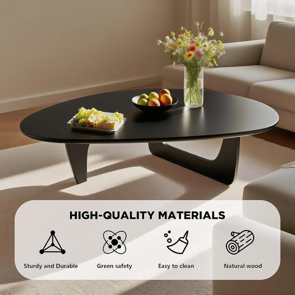 Solid Wood Triangle Coffee Table,Unique Mid Century Modern Oval Coffee Table,Irregular Geometric Tea Tables for Home Living Room with Wooden Tabletop and Reinforced Legs Black 50' L x 31' W x 16' H