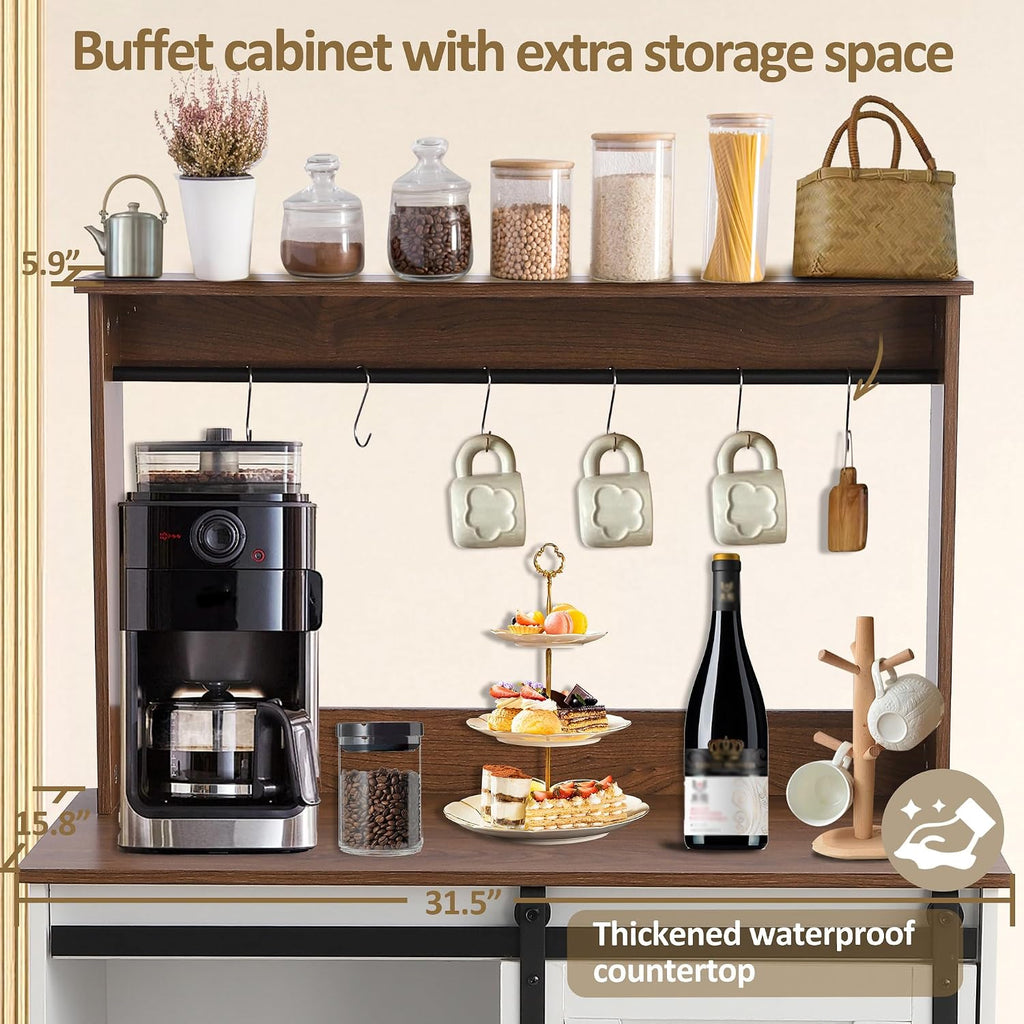 Farmhouse Coffee Bar with Sliding Barn Door, White Home Coffee Bar Station Cabinet with 6 Hooks Adjustable Shelves, Corner Hutch Buffet Cabinets with Storage for Kitchen Living Dining Room