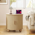 24' End Table with Charging Station, Farmhouse Round Fluted Wood Night Stand, Mid-Century Large Side Table with Storage & Sliding Door for Living Room, Bedroom (Round, Natural)