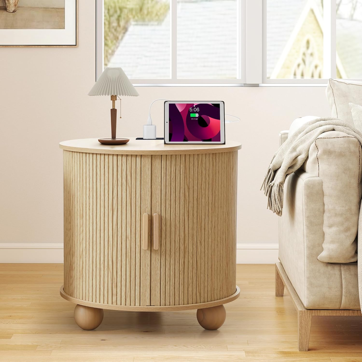 24' End Table with Charging Station, Farmhouse Round Fluted Wood Night Stand, Mid-Century Large Side Table with Storage & Sliding Door for Living Room, Bedroom (Round, Natural)