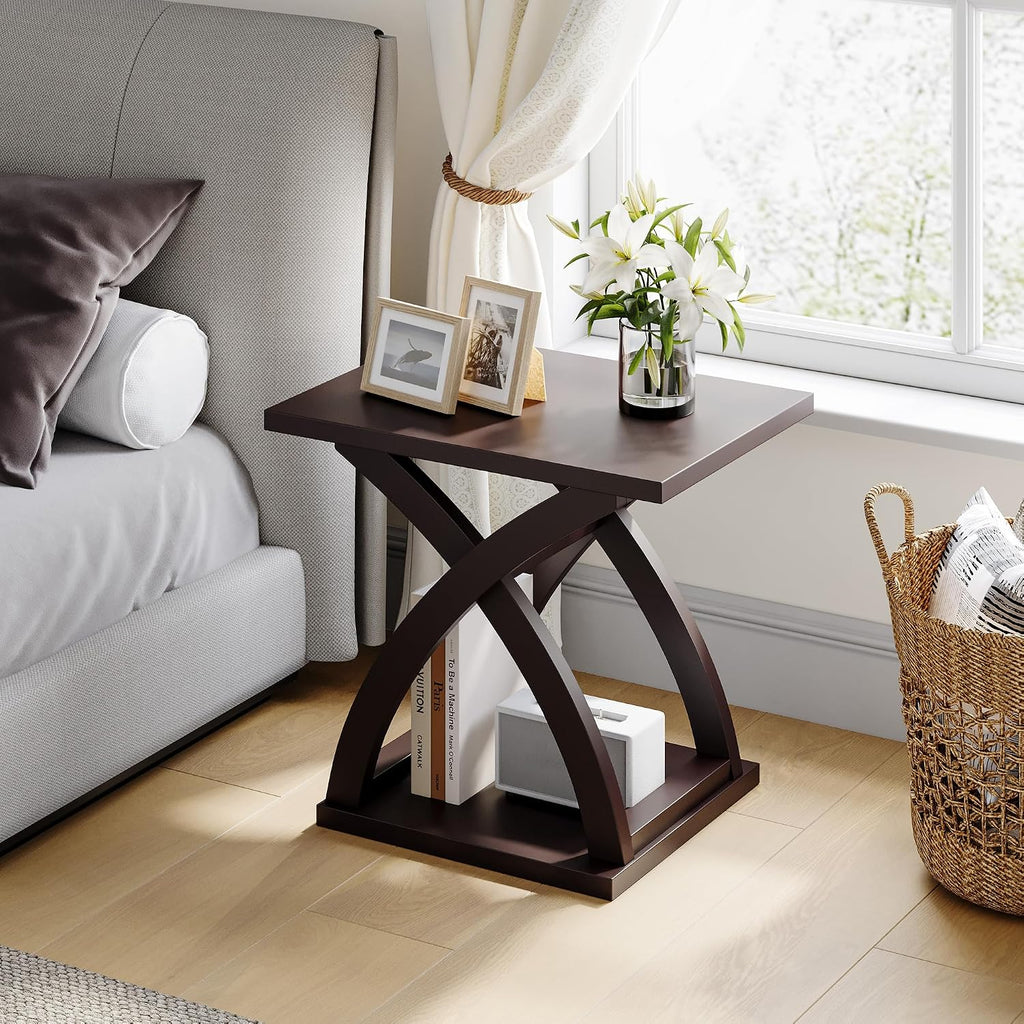 ChooChoo End Side Table Set of 2, Modern End Table with Storage Shelf, X-Design Side Table Living Room (Espresso)