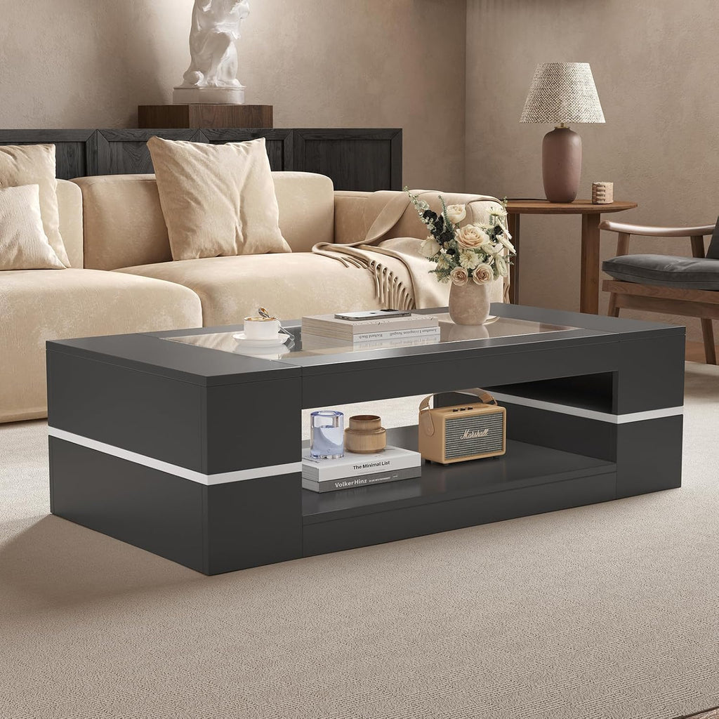 HedoAjim 47.2' Modern Stylish Coffee Table with Glass Table Top, Large Living Room Table Rectangular 2-Tier Center Tables with Storage, Wooden Cocktail Tea Tables for Dining Reception Room, Black