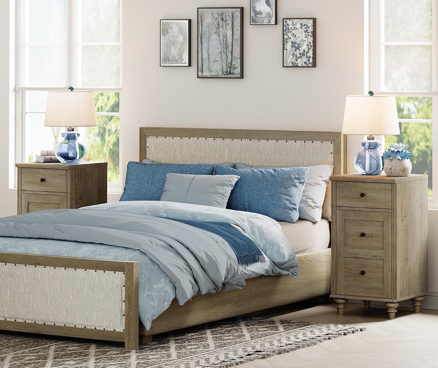 WAMPAT Set of 2 Wooden End Tables with Drawer and Storage Cabinet, Nightstands with Charging Station, Modern Farmhouse Living Room Side Tables, Wash Grey Bedside Table for Bedroom