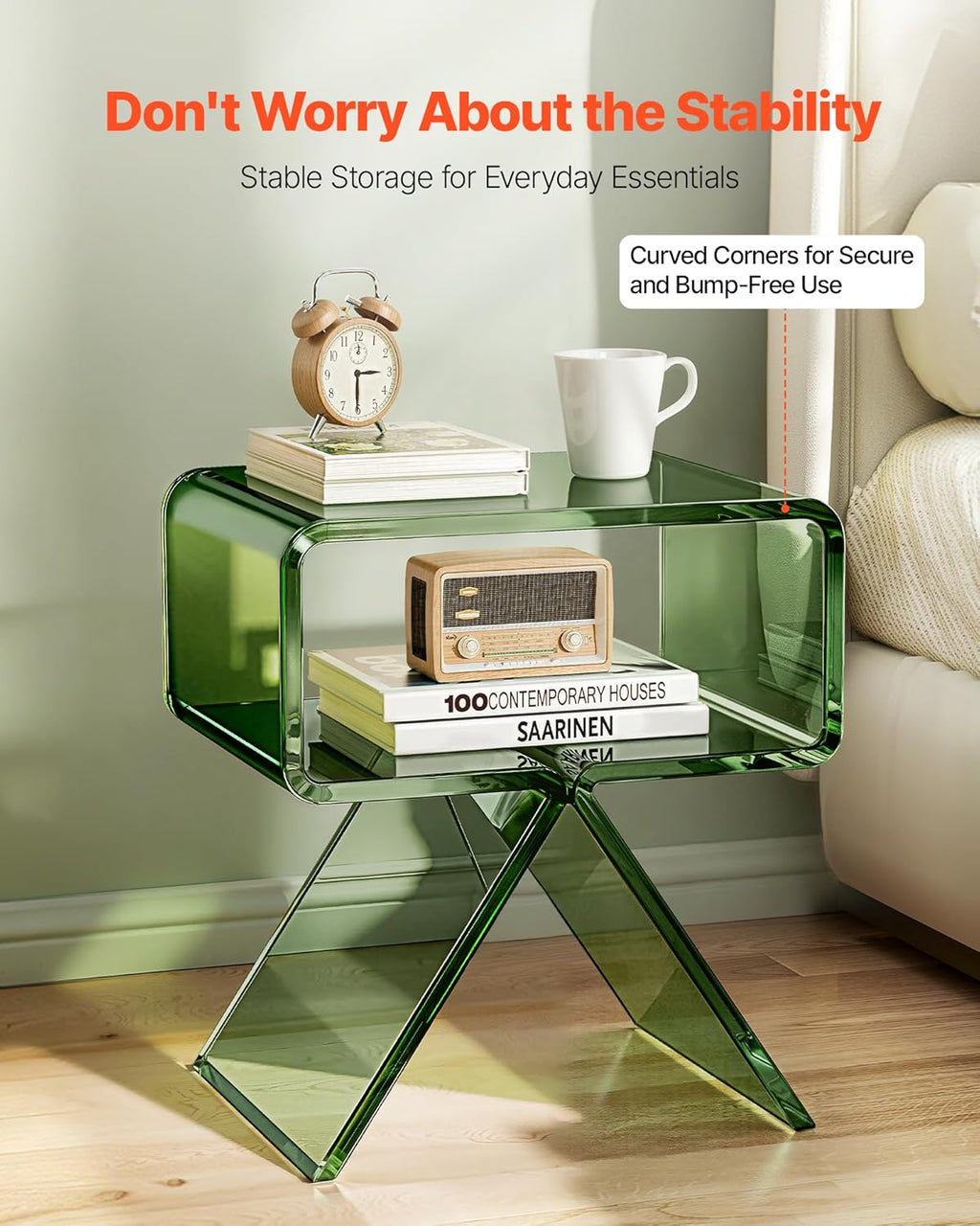 VEVOR Acrylic Nightstand Side Table, Modern Clear End Table with Storage Shelf, Transparent Small Bedside Table for Bedroom, Home Decor, Living Room, No Assembly Needed, Green