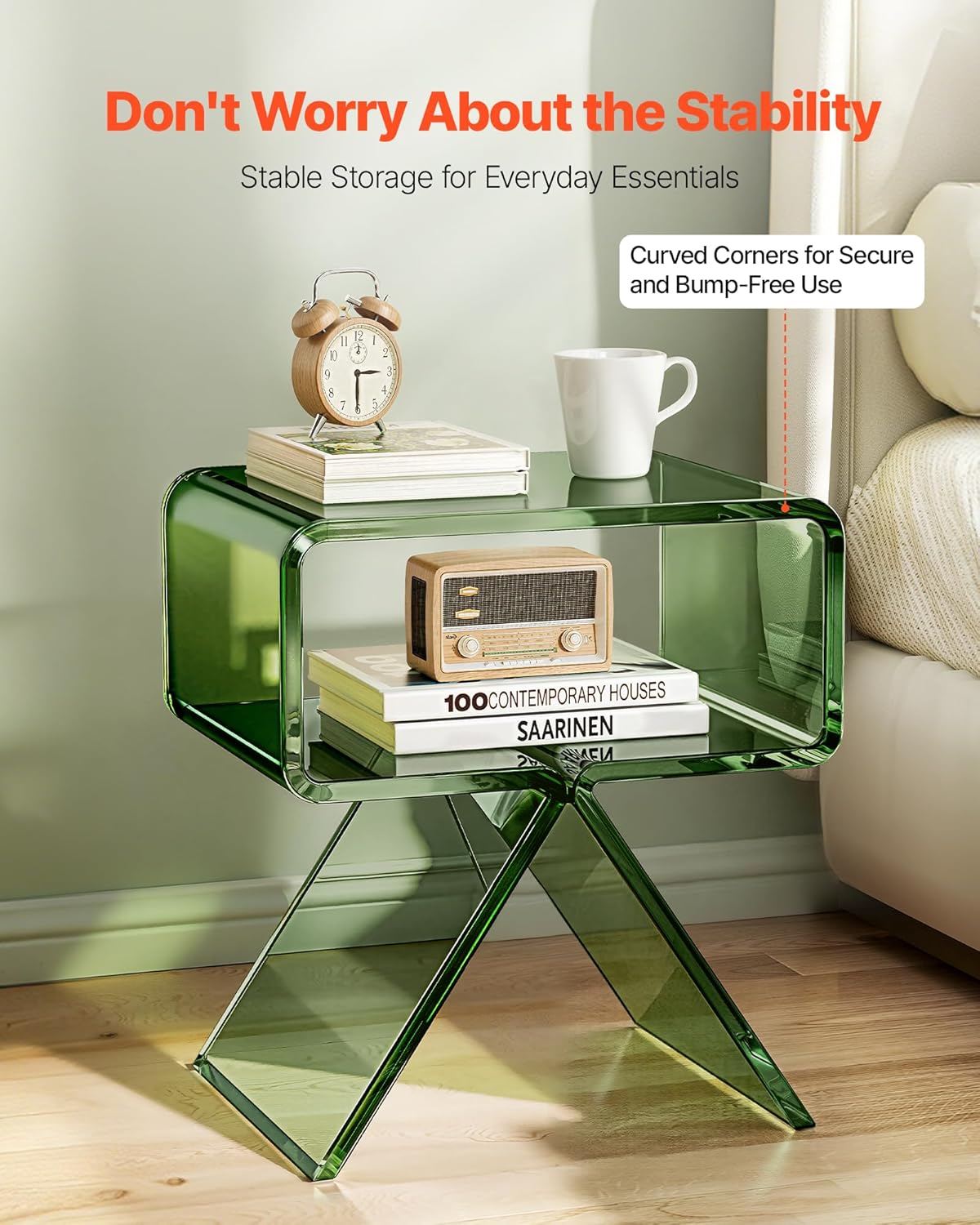 VEVOR Acrylic Nightstand Side Table, Modern Clear End Table with Storage Shelf, Transparent Small Bedside Table for Bedroom, Home Decor, Living Room, No Assembly Needed, Green