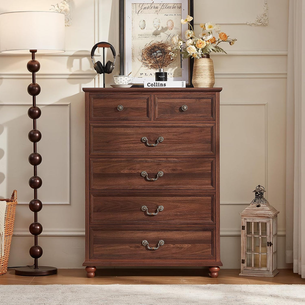 Joaxswe Farmhouse 6 Drawer Dresser Set of 2 for Bedroom, 42' Tall Rustic Chests of Drawers w/ 4 Solid Wood Feet, Mid Century Vintage Wooden Closet Storage Dressers Organizer for Living Room,Brown