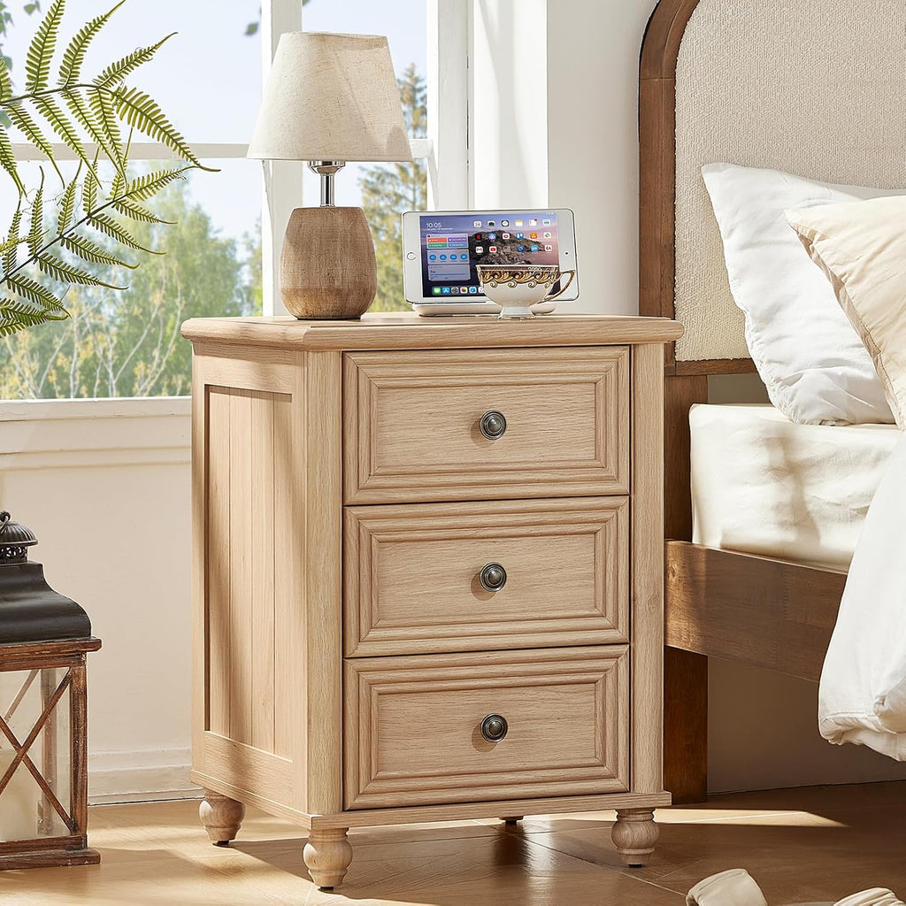 RWYHG 18' Farmhouse Night Stand Set of 2, Natural Wood Nightstand with 3 Drawers, Bedside End Table with Storage and Roman Column, Bed Side Tables Cabinet for Bedroom, Living Room, and Closet