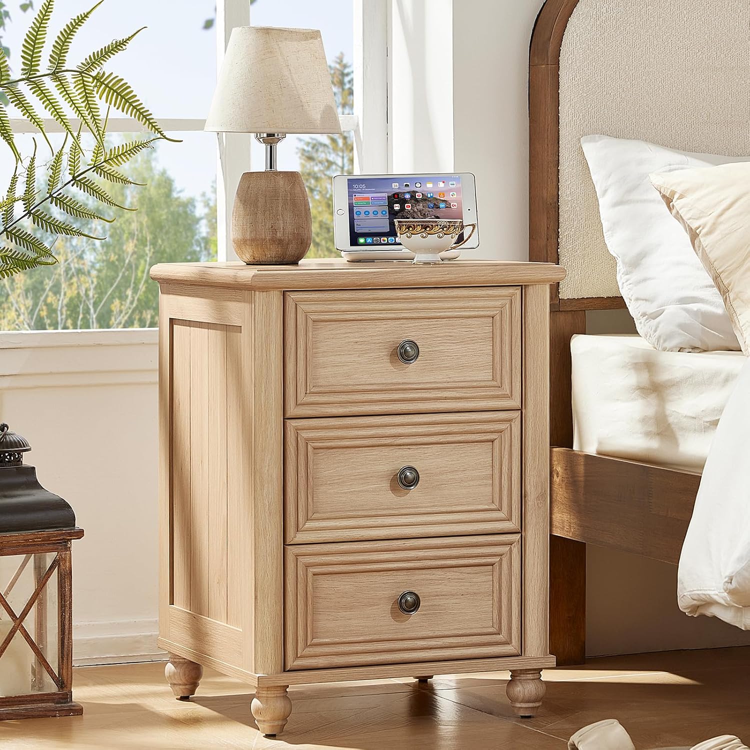 RWYHG 18' Farmhouse Night Stand Set of 2, Natural Wood Nightstand with 3 Drawers, Bedside End Table with Storage and Roman Column, Bed Side Tables Cabinet for Bedroom, Living Room, and Closet