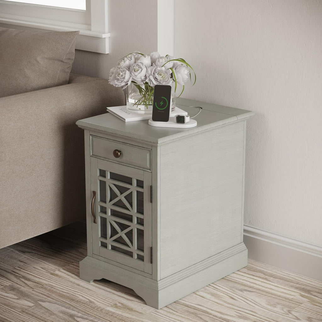 Jofran Farmhouse Craftsman End Table with Charging Station – Narrow Night Stands with USB Charging Port – Space-Saving Design for Bedroom, Living Room, or Entryway, Earl Grey