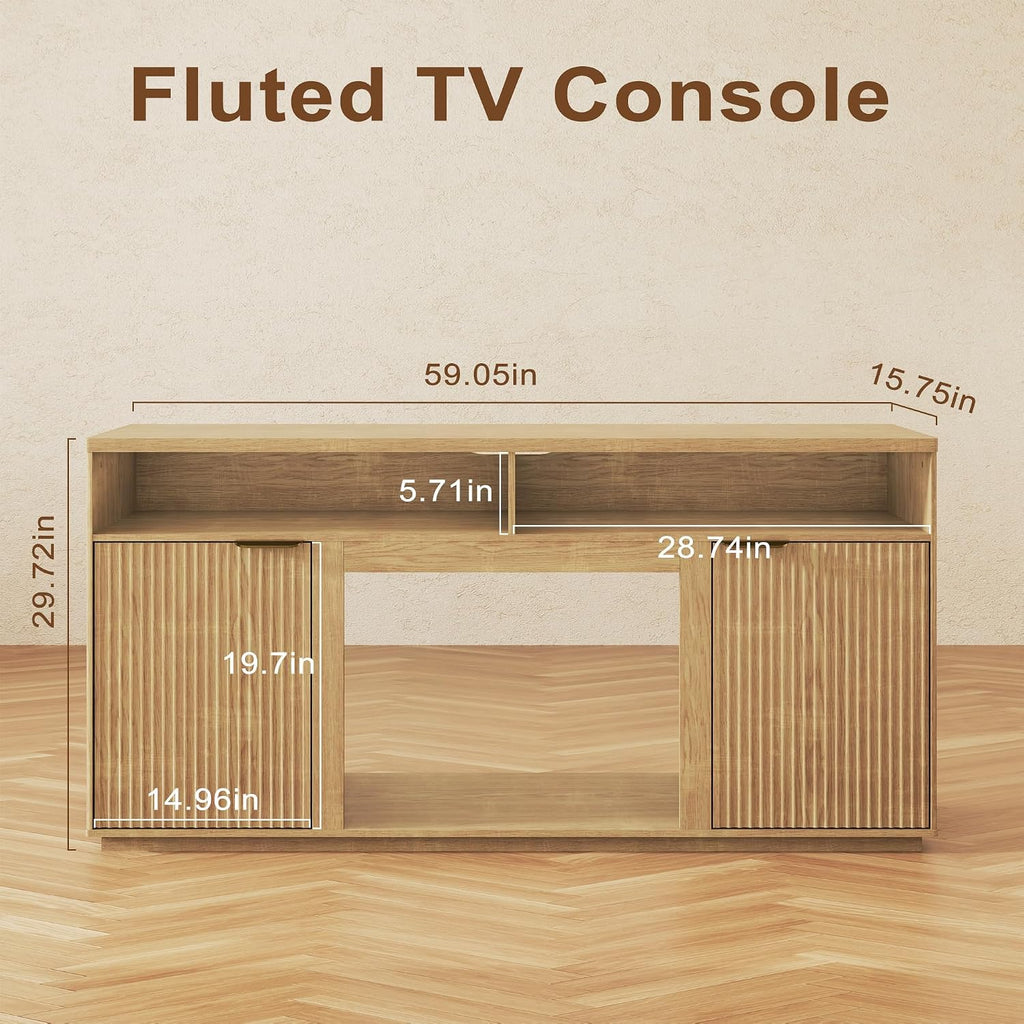 2-Piece Fluted Living Room Set Includes 31.5' Fluted Lift Top Coffee Table,59' Fluted TV Stand for TVs Up to 70 inches,Modern TV Stand and Coffee Table Set,Natural Oak