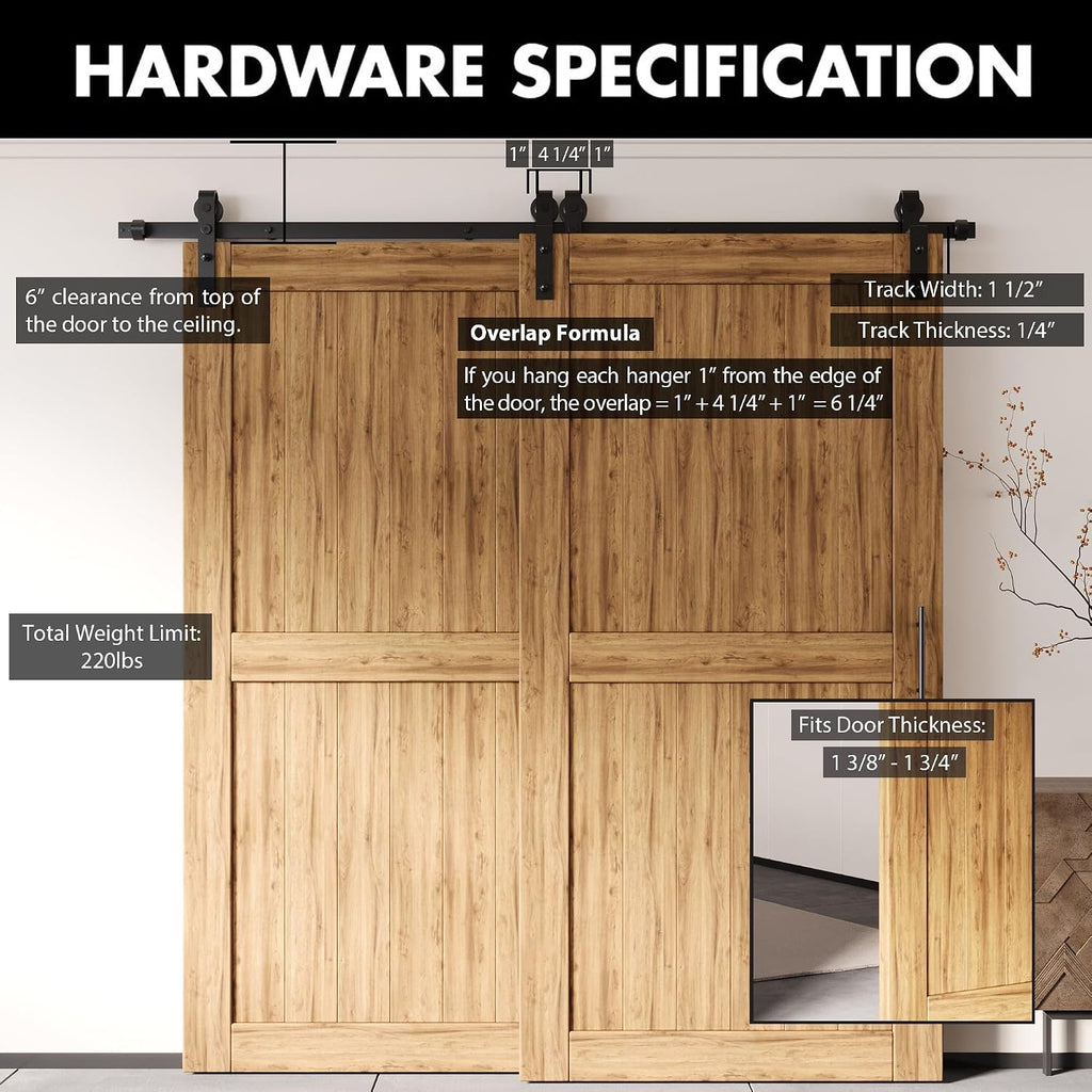 Homacer Black Rustic Single Track Bypass Sliding Barn Door Hardware Kit, for Two/Double Doors, 6ft Long Flat Track, Classic Design Roller,