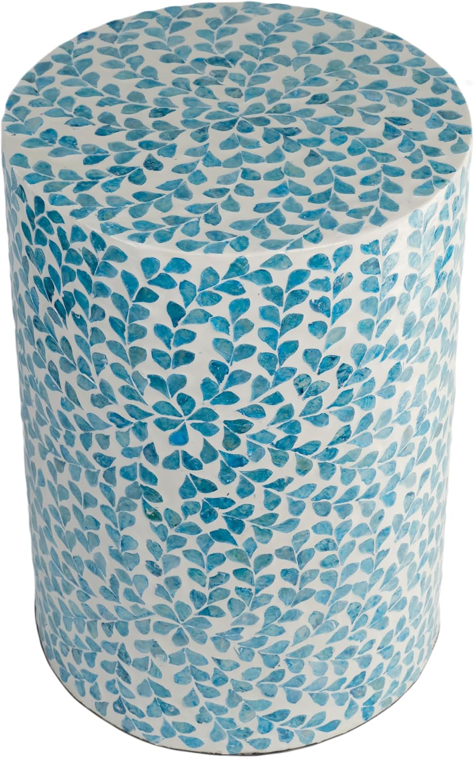 PEMAR Mother of Pearl Inlaid Cylinder Drum End Table Nacre Capiz Shell Side Table Stool Drum Accent Table Coffee Bedside Side Table Round Nightstand and Vanity Stool (Teal Floral)