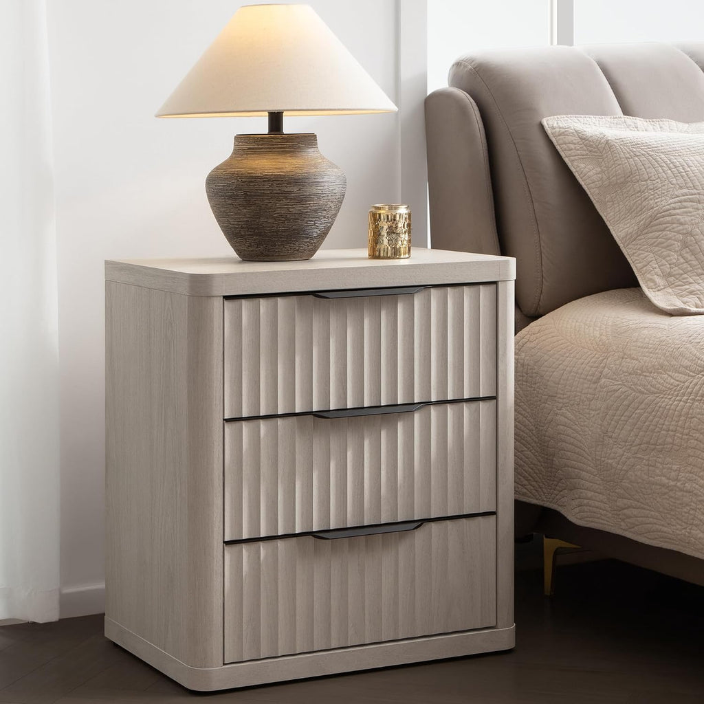 SICOTAS Night Stand Set of 2 Nightstands with 3 Drawers Storage Bedside Table Large Fluted Bed Side End Table Modern 25.6' Tall Wide Night Stands for Bedroom Living Room Sofa Couch Office, White Alder